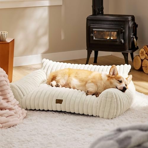 Bedsure Fluffy Dog Couch Bed - Washable Cover, Comfy Support, 36" Cream - Image 8