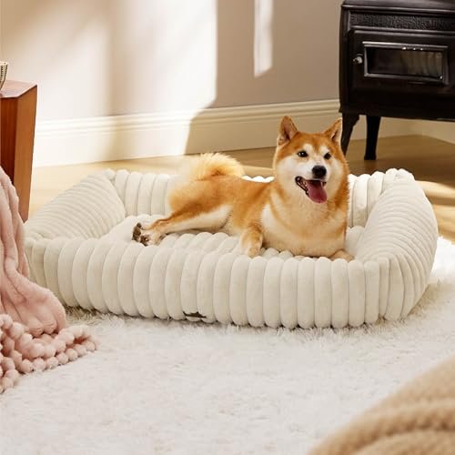 Bedsure Cute Dog Bed for Large Dogs - Washable Furry Puppy Beds, Rectangle Orthopedic Corduroy Fleece Pet Beds with Removable Zipper Cover, 36x27x8inches, Cream