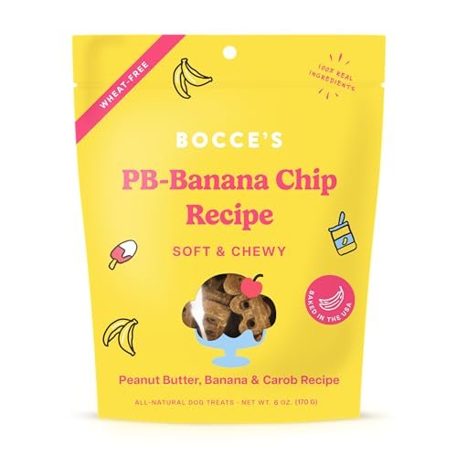 Bocce's Bakery PB Banana Chip Recipe Treats for Dogs, Wheat-Free Everyday Dog Treats, Real Ingredients, Baked in The USA, All-Natural Soft & Chewy Cookies, Peanut Butter, Bananas, & Carob, 6 oz