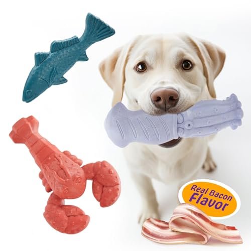 Kimee Dog Toys for Aggressive Chewers, 3 Pack Indestructible Dog Chew Toys, Super Chewer Dog Toys with Tough Nylon Bacon Flavor for All Breed Sizes, Teeth Cleaning & Training, Boredom Relief
