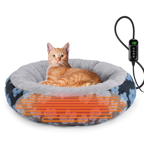 INVENHO Heated Cat Bed, Heated Cat Beds for Indoor Cats and Small Dogs, 20" Cozy Donut Heated Pet Bed with Timer & Temp Adjustable, Removable Waterproof Electric Warming Bed for Indoor Cat