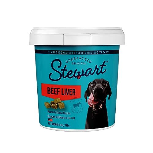 Stewart Single Ingredient Freeze Dried Raw Dog Treats, Beef Liver, 4 Ounce Resealable Tub, Training Treats or Meal Topper Dogs, High Protein, Grain Free, Gluten Free