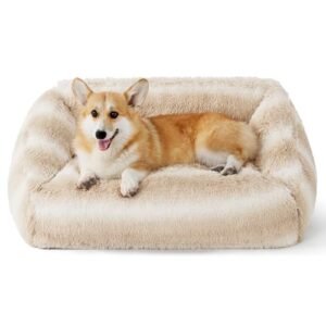 Lesure Dog Bed Medium Size - Cute Furry Calming Puppy Beds, Rectangle Washable Indoor Pet Beds with Removable Zipper Cover, 35x25x11inches, Beige Stripe