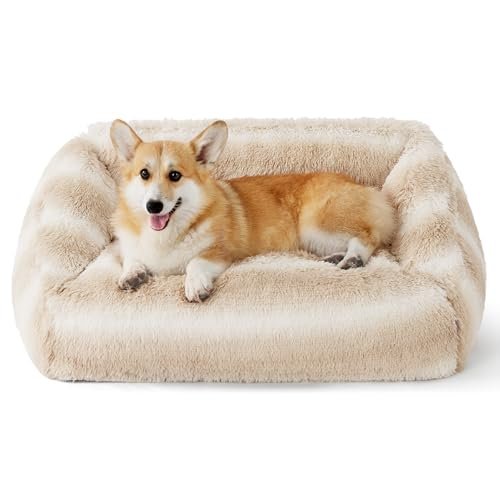 Lesure Dog Bed Medium Size - Cute Furry Calming Puppy Beds, Rectangle Washable Indoor Pet Beds with Removable Zipper Cover, 35x25x11inches, Beige Stripe