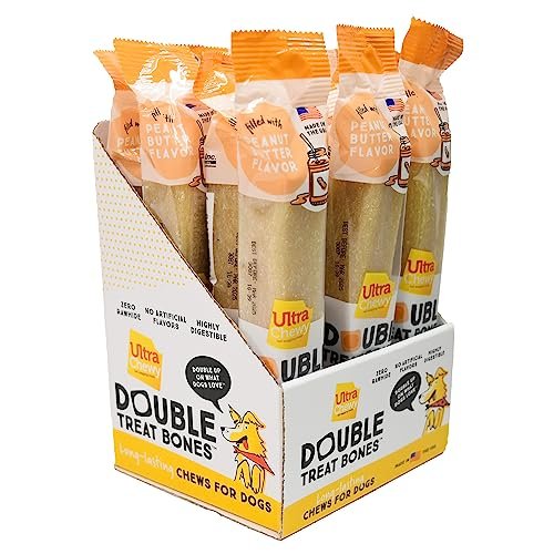 Ultra Chewy Peanut Butter Double Treat Bones: Long-Lasting Dog Treats Made in USA for Large and Small Breeds, Highly Digestible, Ideal for Aggressive Chewers (12 Count)