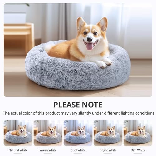 JOLLYVOGUE Calming Donut Dog Bed - Fluffy Faux Fur Pet Cushion 20" - Image 6