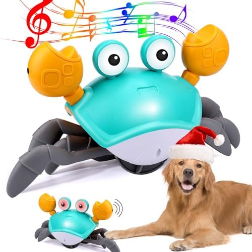 Mity rain Crab Crawling, Escaping Crab Dog Toy with Obstacle Avoidance Sensor, Dancing Crab Toys with Music Sounds & Lights for Dogs Cats Pets, Pre-Kindergarten Learning Crawl Toys
