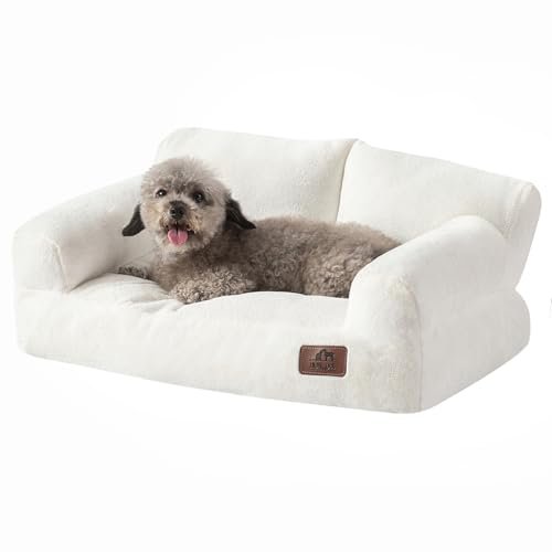 Hollypet Fluffy Plush Pet Cat Couch Soft Calming Pet Sofa Beds for Medium Small Cats and Dogs, White