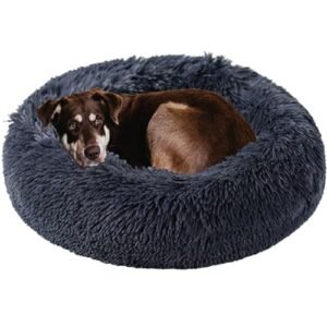 Kimpets Dog Bed Calming Dog Beds for Small Medium Large Dogs - Round Donut Washable Puppy Dog Bed, Anti-Slip Faux Fur Fluffy Donut Cuddle Anxiety Cat Pet Bed(28" Dark Grey)