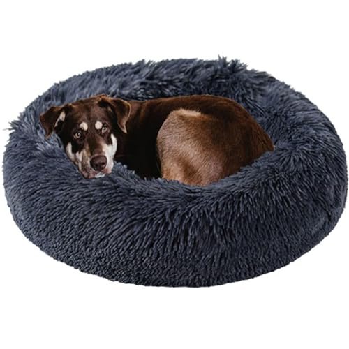 Kimpets Dog Bed Calming Dog Beds for Small Medium Large Dogs - Round Donut Washable Puppy Dog Bed, Anti-Slip Faux Fur Fluffy Donut Cuddle Anxiety Cat Pet Bed(28" Dark Grey)