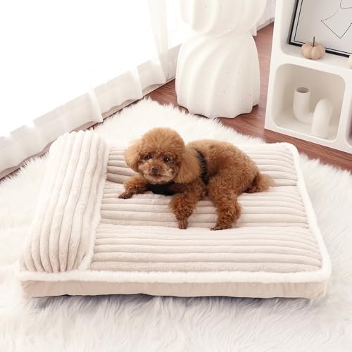 Luxury Dog Bed with Pillow Deluxe Flannel Pet Bed with Removable Washable Cover & Anti-Slip Bottom, Super Soft Dog Sofa Fluffy Dog Mat for Crate Kennel (Cream, Medium(31 * 25 * 3 in))