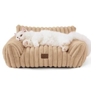 Bedsure Cute Cat Couch for Pets - Fluffy Cat Sofa with Premium Soft Corduroy Fleece, Fuzzy Cat Couch Bed with Removable Washable Cover, Supportive Cat Chair for Indoor Cats, 24inch, Tuscan Beige