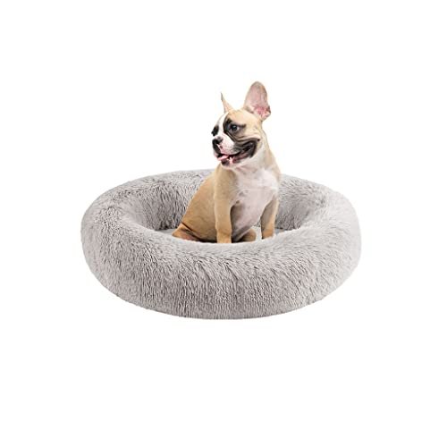 Friends Forever Serena Donut Memory Foam Orthopedic Dog Bed, Soft Faux Fur Oval Cat Couch For Indoor Pet, Fluffy Calming Plush Shag, Round Raised Bolster Cushion, Machine Washable Cuddler, Grey