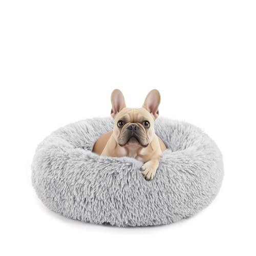 Sweetcrispy Calming Donut Dog & Cat Bed, Machine Washable Cuddle Warming Cozy Fluffy Faux Fur Plush Round Dog Bed, Anti-Anxiety Waterproof Anti-Slip Pet Bed for Small Medium Dogs and Cats,20 inches