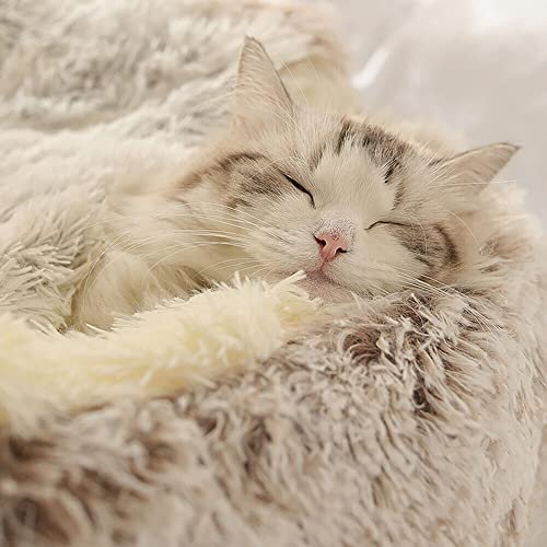 Calming Donut Dog & Cat Bed with Hooded Blanket, Medium Khaki - Image 3