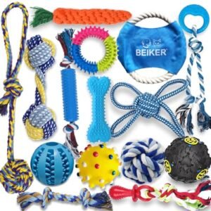 Beiker Dog Teething Chew Toys - 15 Pack Tough Small Medium Large Breed Puppy Toys, Dogs Rope Chew Toys Bundle for Boredom, Pet Interactive Squeaky Treat Dispensing Ball for Puppies