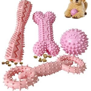4 Pack Puppy Toys for 2-8 Months Pets Dog Chew Toy for Small Puppies Teething Toys for Cleaning Teeth Food Dispensing Soft Durable Rubber Bone Funny Ball Interactive Donut Treat Dumbbell (Pink)