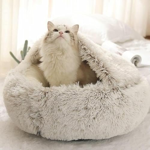Geizire Small Dog Bed & Cat Bed, Round Donut Calming Cat Beds, Anti-Anxiety Cave Bed with Hooded Blanket for Warmth and Security - Machine Washable, Water/Dirt Resistant Base (Medium, Khaki)