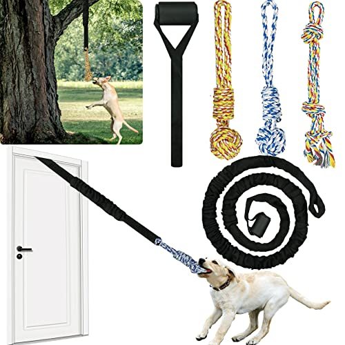 QUJOGA Dog Bungee Toy Rope Tug War for Pitbull Small Medium Large Dogs, Indoor/Outdoor Tree Hanging Toy for Exercise Solo Play,Spring Pole Interactive Toys with 3 Chew Rope