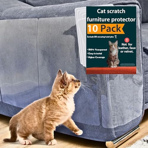 FixZilla Anti Cat Scratch Furniture Protector, 10-Pack Couch Protector from Cat Claws – Heavy-Duty, Easy-to-Apply Scratching Deterrent and Shield for Sofa Corners, Walls, Doors- with 50 Twist Pins
