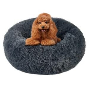 Calming Round Cute Cat & Dog Bed, Anti-Slip Washable Cozy Soft Round Pet Bed, Fluffy Faux Fur Plush Dog Cuddler Bed Fits up to 5 lbs Dogs and Cats(Donut Dark Grey, 16inch x 16inch)