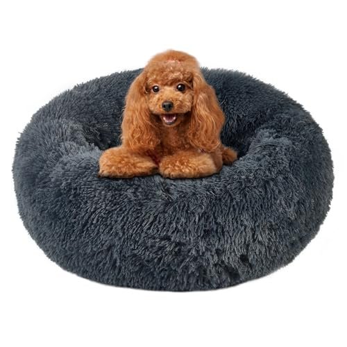 Calming Round Cute Cat & Dog Bed, Anti-Slip Washable Cozy Soft Round Pet Bed, Fluffy Faux Fur Plush Dog Cuddler Bed Fits up to 5 lbs Dogs and Cats(Donut Dark Grey, 16inch x 16inch)