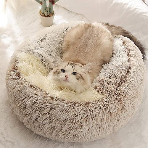 Calming Donut Dog & Cat Bed with Hooded Blanket, Medium Khaki - Image 2
