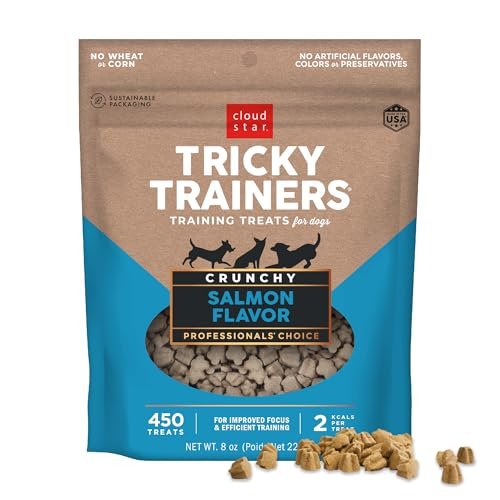 Cloud Star Tricky Trainers Crunchy Dog Training Treats 8 oz Pouch, Salmon Flavor, Low Calorie Behavior Aid with 450 treats