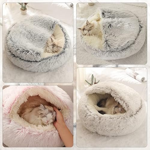 Calming Donut Dog & Cat Bed with Hooded Blanket, Medium Khaki - Image 7