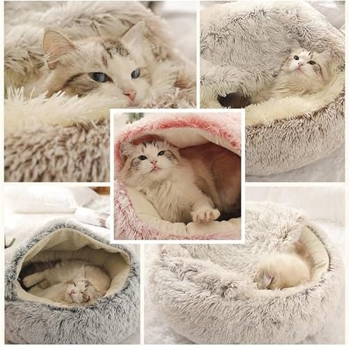 Calming Donut Dog & Cat Bed with Hooded Blanket, Medium Khaki - Image 5