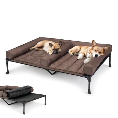 Veehoo Cooling Raised Dog Bed + Waterproof Double Dog Bed Cushion for Two Medium Dogs, Elevated Dog Bed with Removable Bolster Mat, Breathable Mesh, No-Slip Feet, 49" x 33" Dog Couch Bed, Black