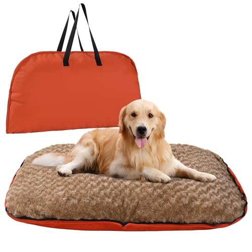 MABOZOO Foldable Travel Dog Bed, Outdoor Camping Dog Bag Bed Dog Pad with Carry Handles, Waterproof Dog Mattress Pet Mat for Small, Medium, and Large Dog Cat Pet (Orange, 44x32x5 in)
