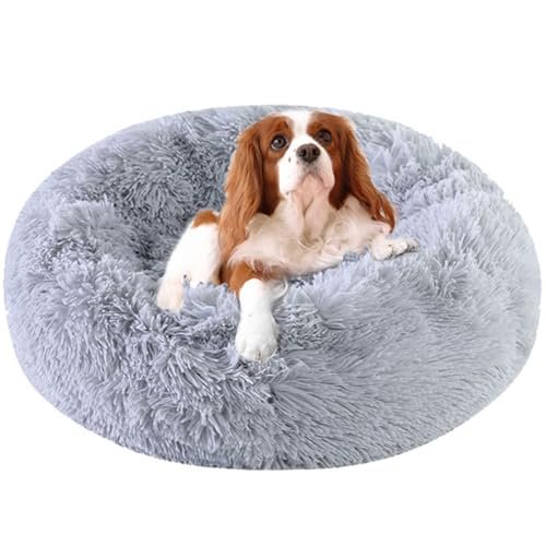Kimpets Calming Dog Beds - Round Donut Washable Faux Fur Cuddle Anxiety Cat & Dog Bed (Light Grey, 20")