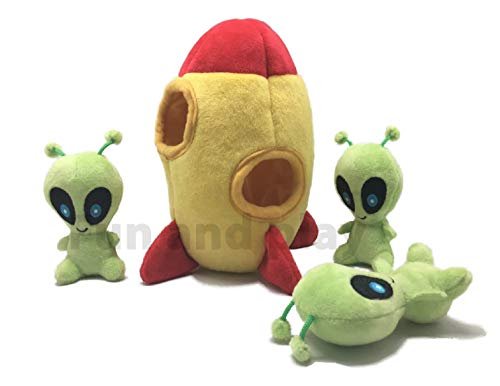MODERN WAVE - Interactive Squeaky Plush Hide and Seek Squirrel Type Puzzle Toy for Dogs, Small Size (Spaceship and Aliens)