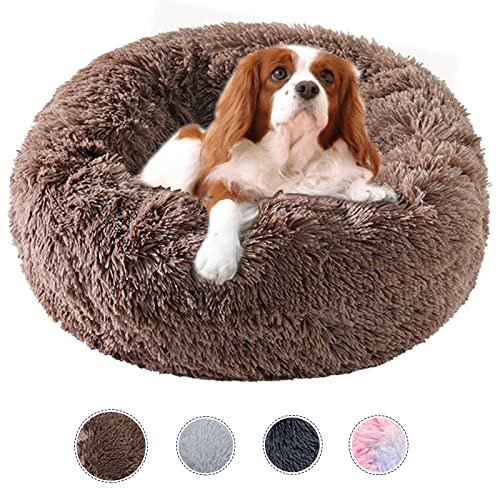Kimpets Calming Dog Beds - Round Donut Washable Puppy and Cat Bed, Anti-Slip Faux Fur, Fluffy Cuddle Anxiety Relief (20'' Khaki)
