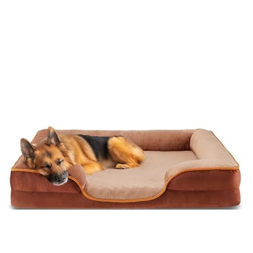 DUMOS Orthopedic Dog Bed for Large Size Dogs, Supportive Memory Foam Dog Sofa with Washable Removable Cover Non-Slip Base Waterproof Pet Couch Bed, Brown, 35" L x 25" W x 6.5" Th