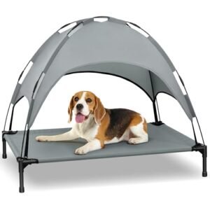 Heeyoo Elevated Dog Bed with Canopy, Portable Dog Cot with Removable Shade Tent, Outdoor Raised Pet Cot Cooling Bed for Dogs