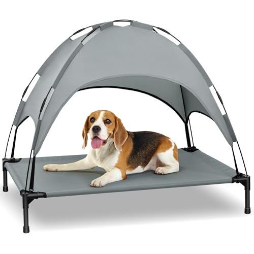 Heeyoo Elevated Dog Bed with Canopy, Portable Dog Cot with Removable Shade Tent, Outdoor Raised Pet Cot Cooling Bed for Dogs
