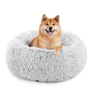Sweetcrispy Calming Donut Dog & Cat Bed, Machine Washable Cuddle Warming Cozy Fluffy Faux Fur Plush Round Dog Bed, Anti-Anxiety Waterproof Anti-Slip Pet Bed for Small Medium Dogs and Cats,24 inches