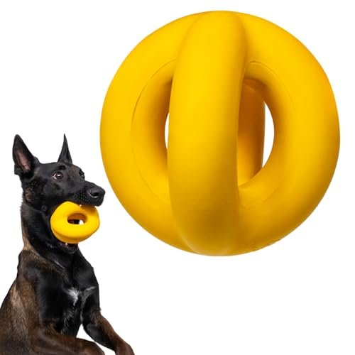 WoofBite Indestructible Ring Ball - Lifetime Replacement - Strong, Tough, Aggressive Chewers, Medium Large Breed - Non-Toxic Natural Rubber Dog Toys - Yellow - Tug & Fetch - 8x1.75