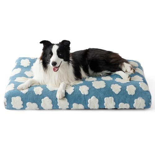 Lesure Dog Beds Large Sized Dog-Thick Shredded Chopped Foam Pet Bed, Dog Bed Indoor with Removable Cover, Cute Modern Fuzzy Plush & Anti Slip Bottom(35'x22', Blue)