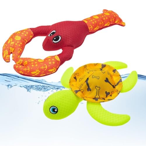 PUPTECK Dog Pool Floating Toys - 2 Pack Squeaky Water Toys for Summer Interactive Games, Beach Fetch Toy Turtle & Lobster