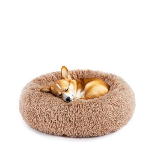 DUMOS Calming Donut Cat & Dog Bed for Small Dogs, Machine Washable Cuddle Warming Cozy Fluffy Faux Fur Plush Round Dog Bed, Anti-Anxiety Waterproof Anti-Slip Pet Bed, Brown, 20×20×8 Inches