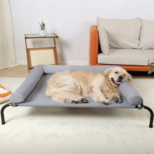 Elevated Dog Bed: Cooling Mesh Cot with Pillows, Chew-Proof, Portable Large Gray - Image 2