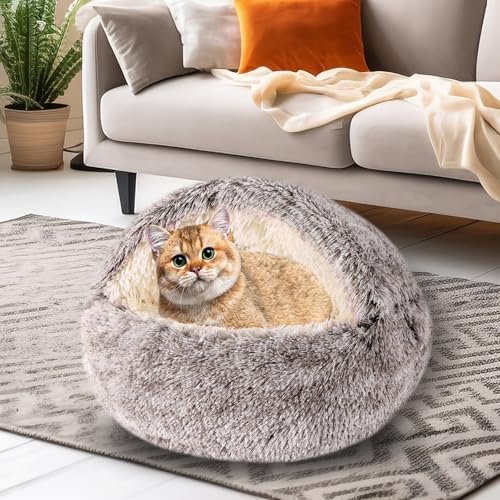 Calming Hooded Pet Bed for Small Dogs & Cats, Fluffy Washable Cave - Image 6