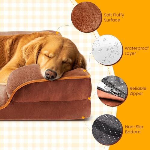 Orthopedic Large Dog Bed Memory Foam Pet Sofa Waterproof Washable Brown 35" - Image 3