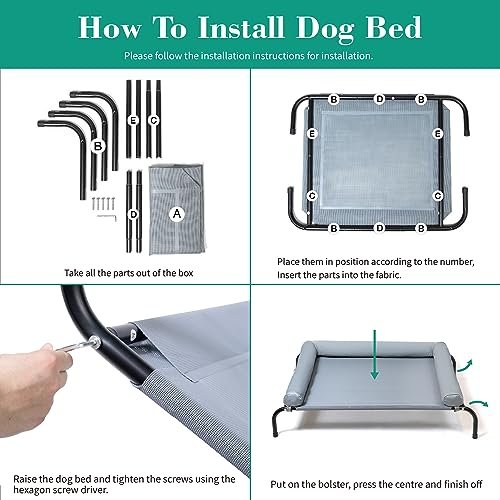 Elevated Dog Bed: Cooling Mesh Cot with Pillows, Chew-Proof, Portable Large Gray - Image 7