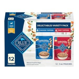 Blue Buffalo Delectables Natural Wet Dog Food Toppers Variety Pack, Tasty Chicken & Hearty Beef, Cuts in Gravy, 3-oz. (12 Pouches, 6 of Each Flavor)