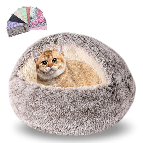 Calming Dog Beds & Cat Cave Bed with Hooded Cover,Washable Round Beds for Small Medium Pets,Anti-Slip Faux Fur Fluffy Coved Bed,Comfortable Warming Pet Bed (20 * 20inch,Khaki)