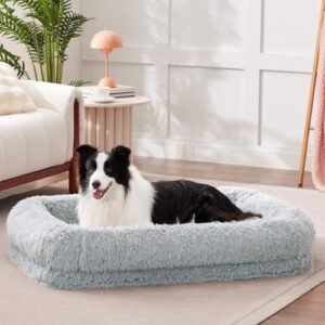 ZOMISIA Donut Dog Beds for Large Sized Dogs - Calming Dog Sofa Bed with Fluffy Faux Fur, Waterproof Pet Bed with Supportive Egg Foam, Washable Removable Cover and Nonskid Bottom, Grey